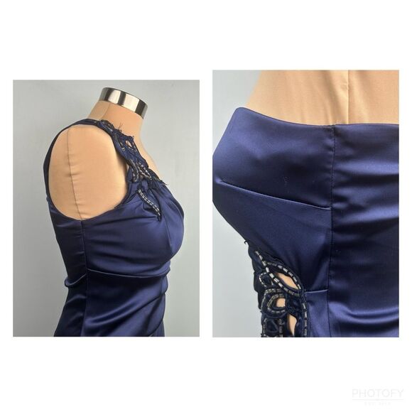 City Triangles Satin Navy Cocktail Dress One Shoulder Appliques Cutouts Sz 3 - Picture 7 of 15